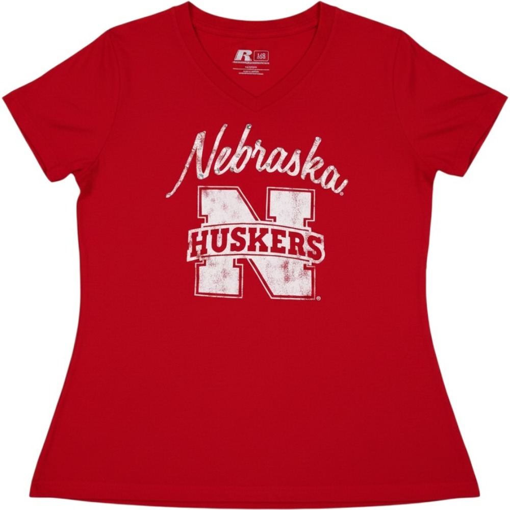 Russell Athletic Nebraska Huskers Red V-Neck Rhinestone T-Shirt Women L 12-14